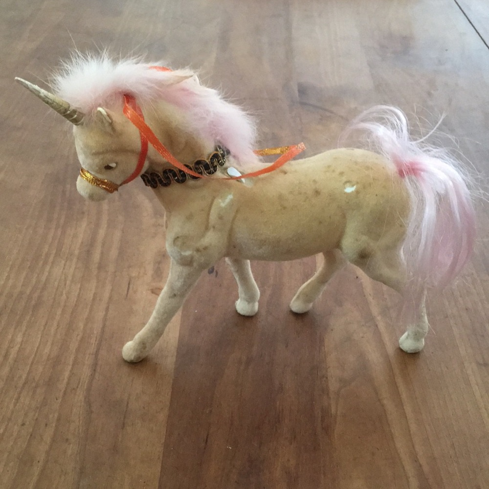 Vintage Cream Unicorn Toy with Pink Mane and Gold Horn